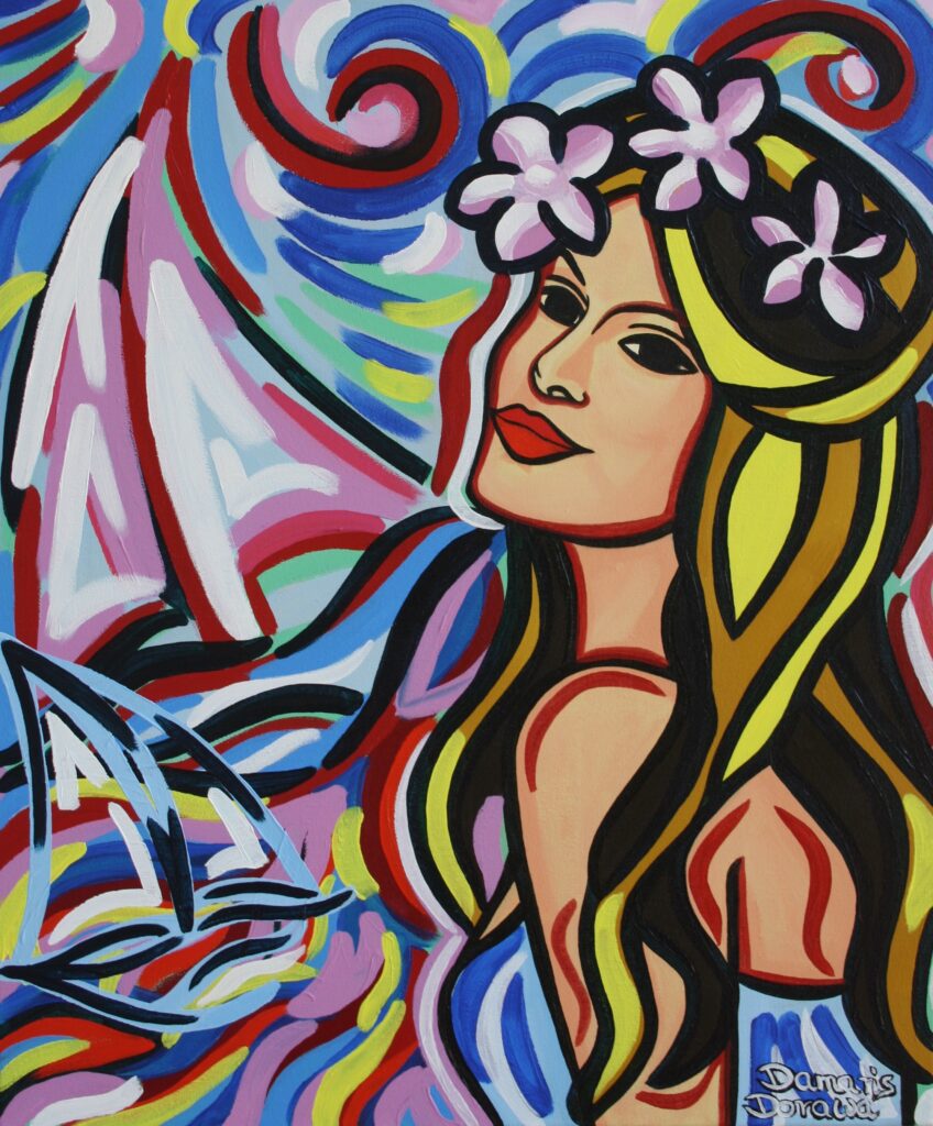 original-painting- artist-damaris-dorawa-colorful-artwork-woman-girl-flower-ship-ocean